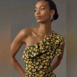 Anthropologie Maeve One-Shoulder Ruffled Top M Floral Yellow/Green New
